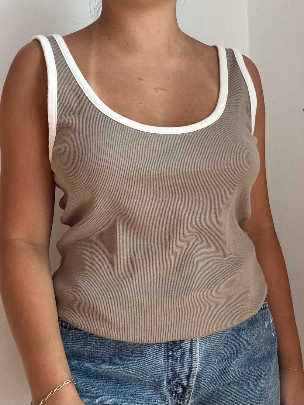 aerie Taupe Ribbed Tank with White Trim